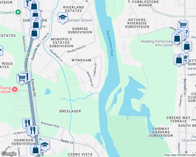 map of restaurants, bars, coffee shops, grocery stores, and more near 3650 Riverview Drive in Redding