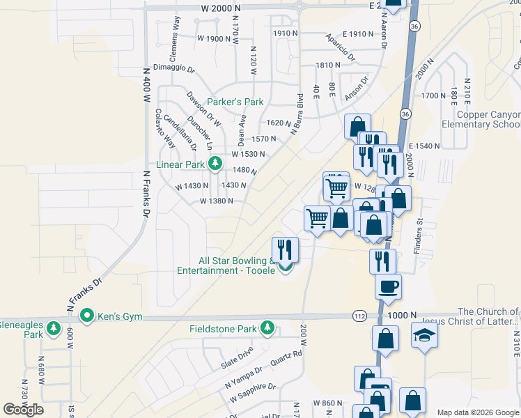 map of restaurants, bars, coffee shops, grocery stores, and more near 1327 North Harper Way in Tooele