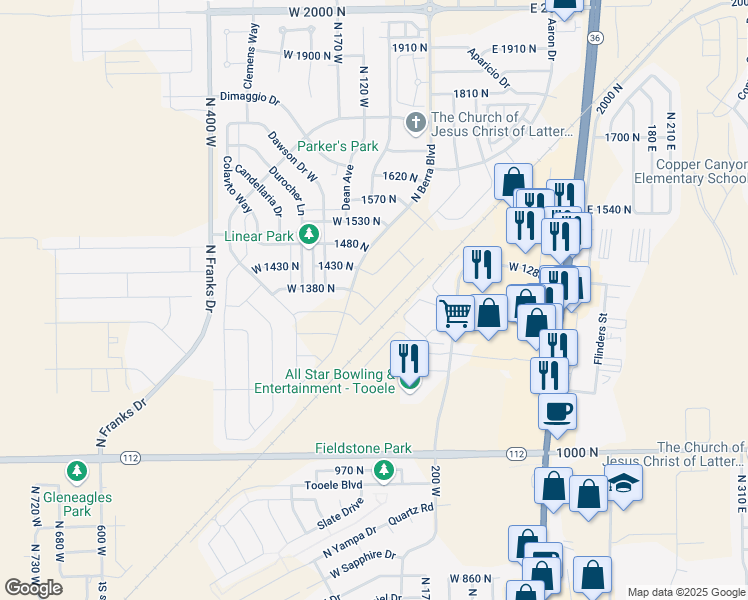 map of restaurants, bars, coffee shops, grocery stores, and more near 1327 North Harper Way in Tooele