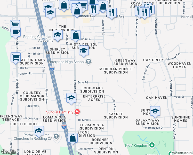 map of restaurants, bars, coffee shops, grocery stores, and more near 3489 Odin Court in Redding