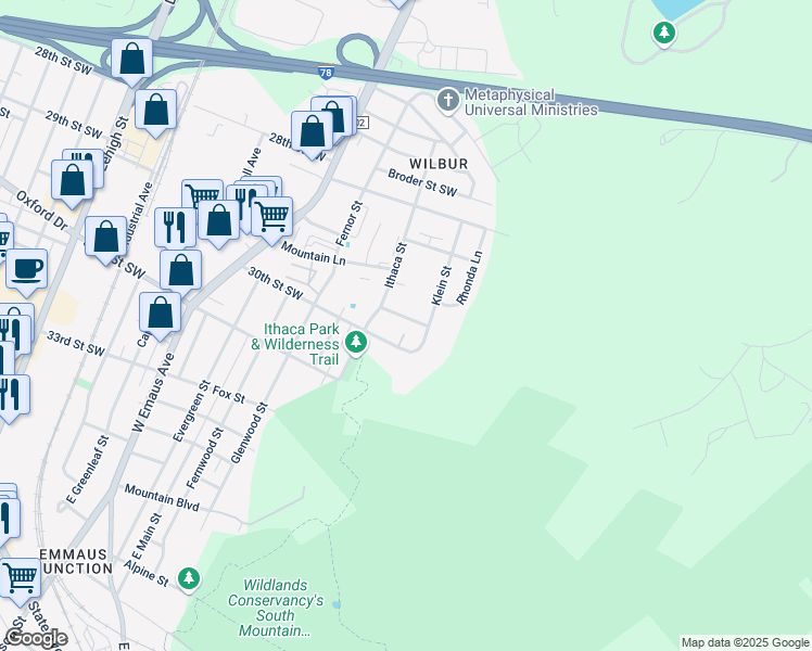 map of restaurants, bars, coffee shops, grocery stores, and more near 2631 30th Street Southwest in Allentown