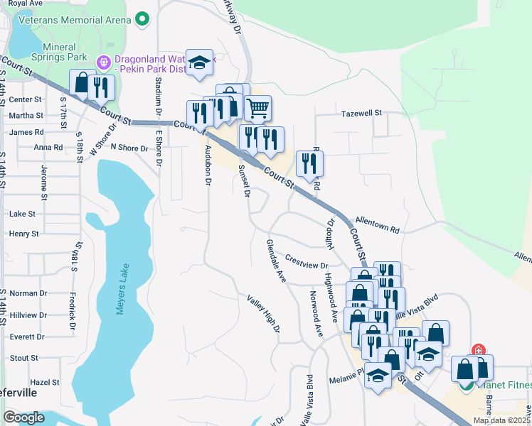 map of restaurants, bars, coffee shops, grocery stores, and more near 2117 Sunset Dr in Pekin