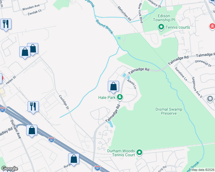 map of restaurants, bars, coffee shops, grocery stores, and more near 54 Prestwick Way in Edison