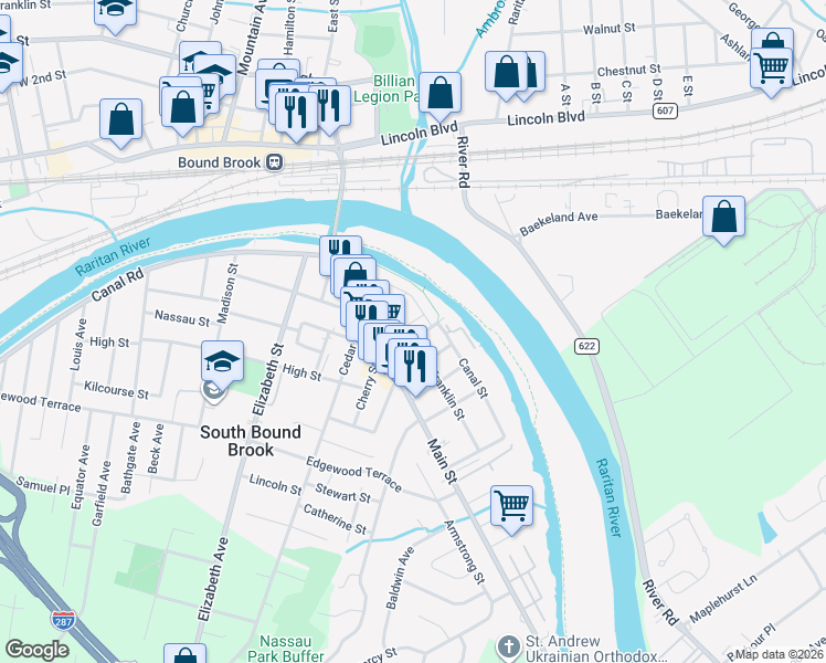 map of restaurants, bars, coffee shops, grocery stores, and more near 9 Franklin Street in South Bound Brook
