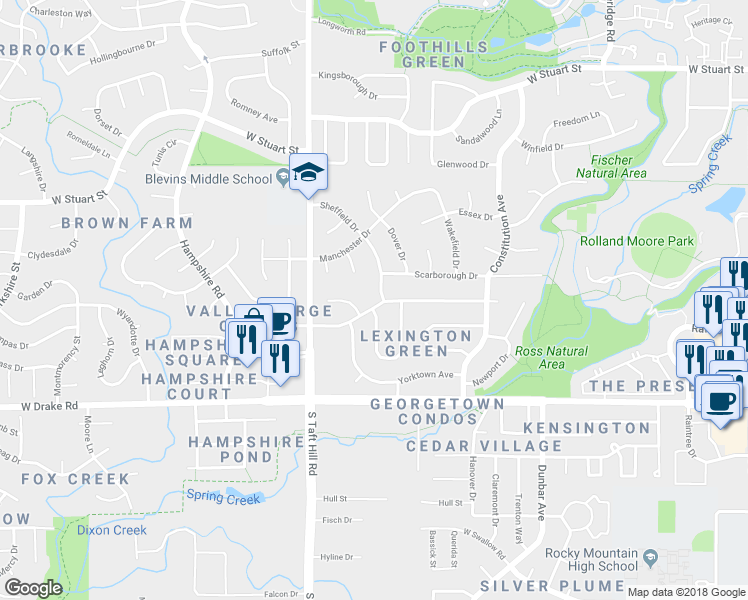map of restaurants, bars, coffee shops, grocery stores, and more near 1900 Valley Forge Avenue in Fort Collins