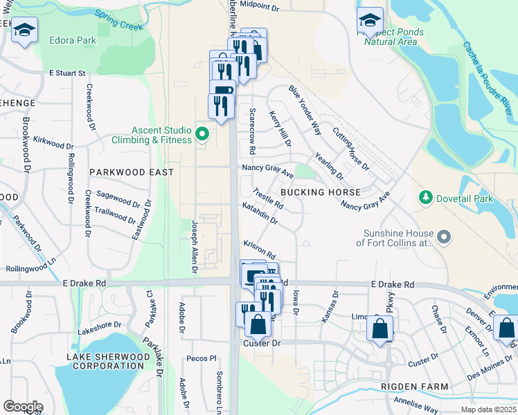 map of restaurants, bars, coffee shops, grocery stores, and more near 2132 Katahdin Drive in Fort Collins