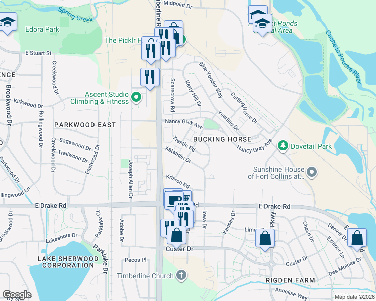 map of restaurants, bars, coffee shops, grocery stores, and more near 2220 Katahdin Drive in Fort Collins