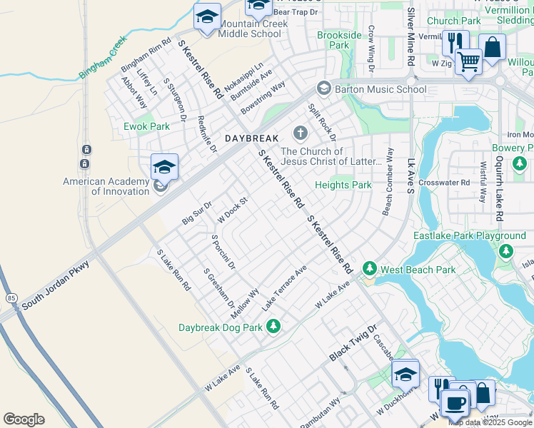 map of restaurants, bars, coffee shops, grocery stores, and more near 10764 Lamond Drive in South Jordan