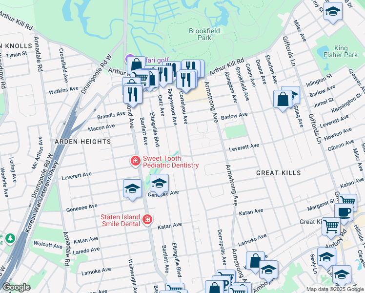 map of restaurants, bars, coffee shops, grocery stores, and more near 559 Leverett Avenue in Staten Island
