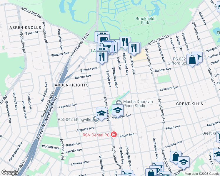map of restaurants, bars, coffee shops, grocery stores, and more near 301 Bartlett Avenue in Staten Island