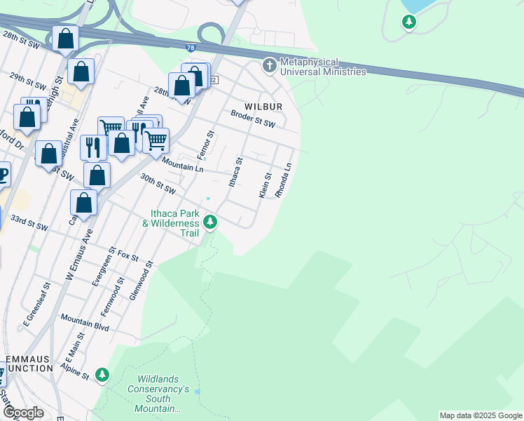 map of restaurants, bars, coffee shops, grocery stores, and more near 2960 Klein Street in Allentown