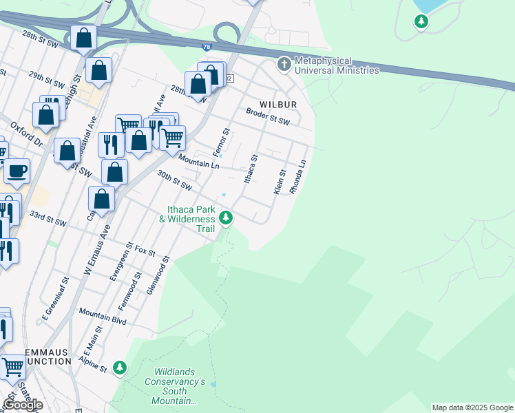 map of restaurants, bars, coffee shops, grocery stores, and more near 2631 30th Street Southwest in Allentown