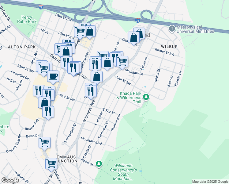 map of restaurants, bars, coffee shops, grocery stores, and more near 948 Evergreen Street in Emmaus