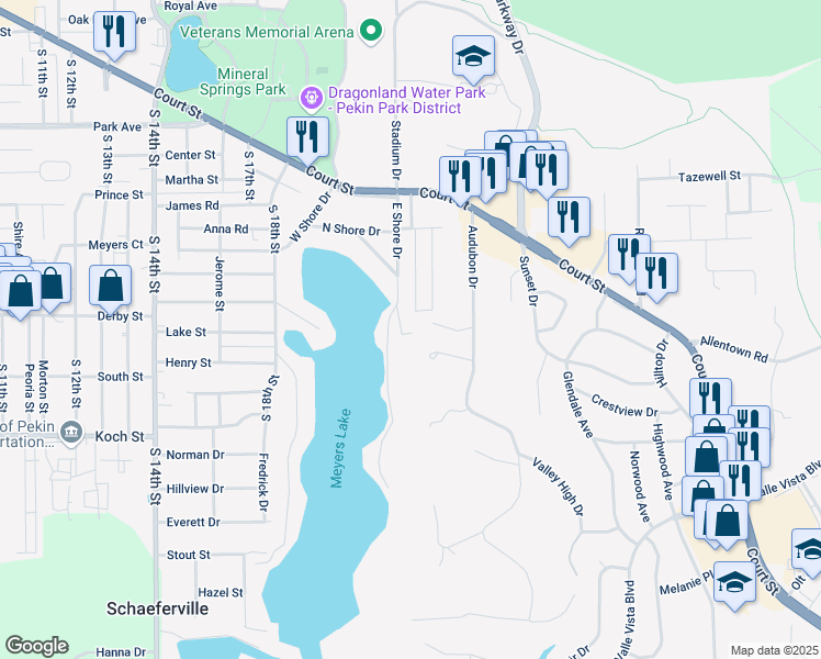 map of restaurants, bars, coffee shops, grocery stores, and more near 10 Rosewood Lane in Pekin