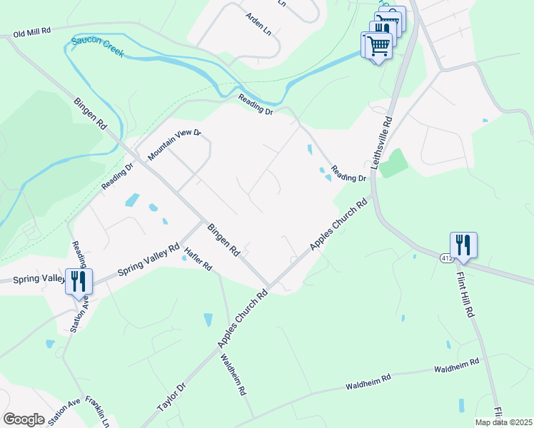 map of restaurants, bars, coffee shops, grocery stores, and more near 1661 Creek View Road in Bethlehem