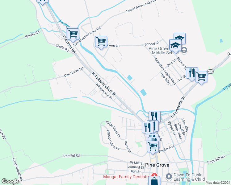 map of restaurants, bars, coffee shops, grocery stores, and more near 80 North Tulpehocken Street in Pine Grove