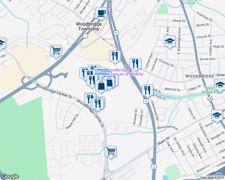 map of restaurants, bars, coffee shops, grocery stores, and more near 428 Woodbridge Center Drive in Woodbridge Township