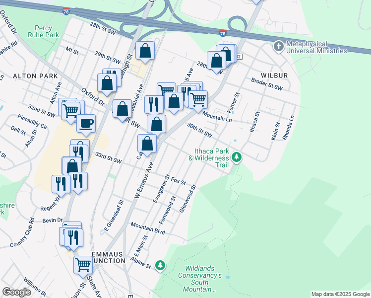 map of restaurants, bars, coffee shops, grocery stores, and more near 948 Evergreen Street in Emmaus