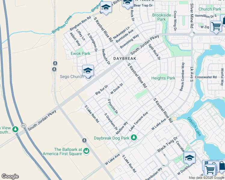 map of restaurants, bars, coffee shops, grocery stores, and more near 10778 South Porcini Drive in South Jordan