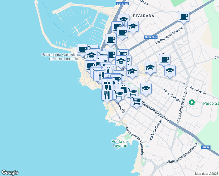 map of restaurants, bars, coffee shops, grocery stores, and more near 24 Via Fratelli Kennedy in Alghero