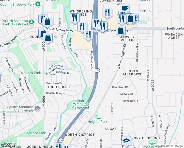 map of restaurants, bars, coffee shops, grocery stores, and more near 3657 West Sunrise Sky Lane in South Jordan