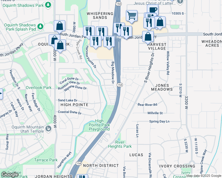 map of restaurants, bars, coffee shops, grocery stores, and more near 3671 West Sunrise Sky Lane in South Jordan