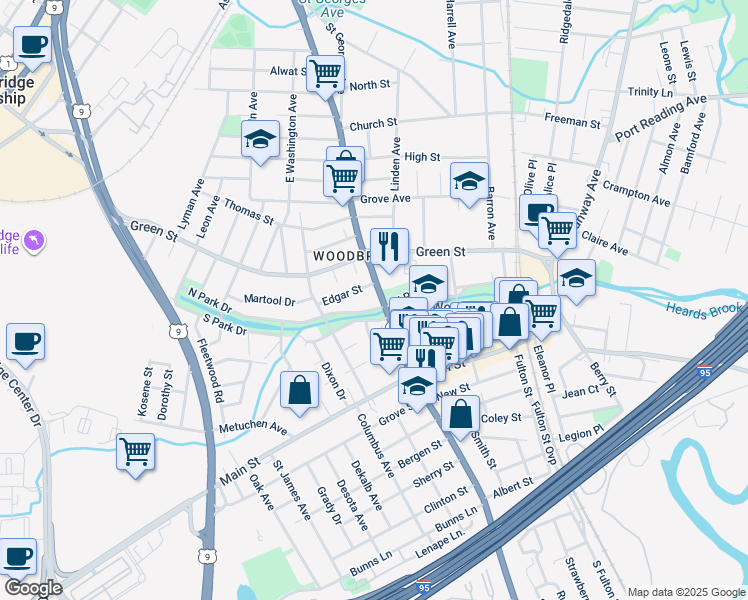 map of restaurants, bars, coffee shops, grocery stores, and more near 147 South Park Drive in Woodbridge Township