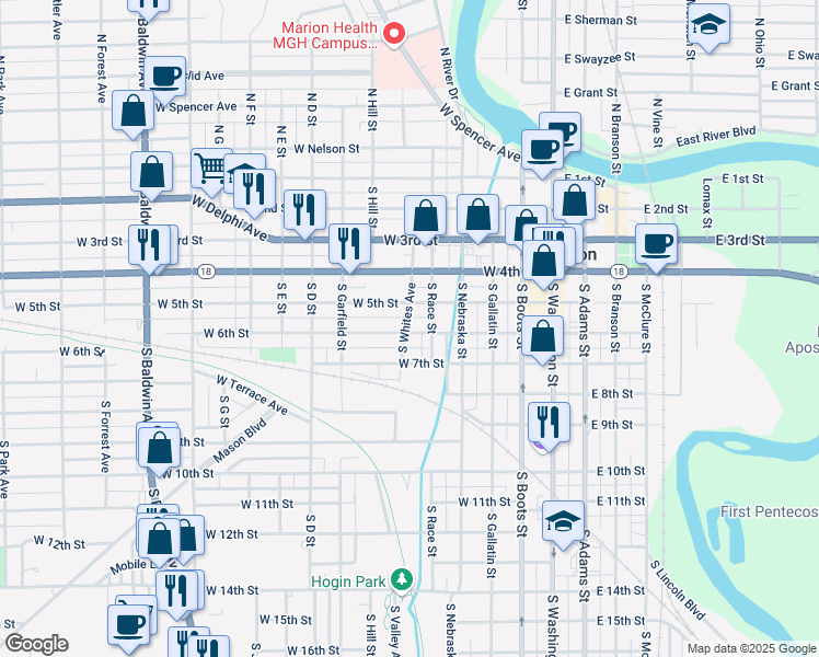 map of restaurants, bars, coffee shops, grocery stores, and more near 523 South Whites Avenue in Marion