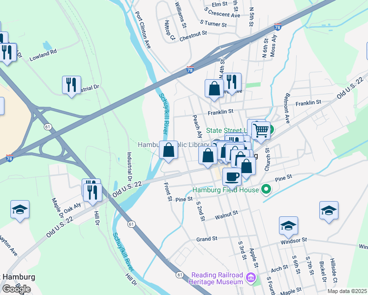 map of restaurants, bars, coffee shops, grocery stores, and more near 63 North 2nd Street in Hamburg
