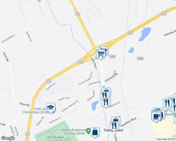 map of restaurants, bars, coffee shops, grocery stores, and more near 8064 Cross Creek Circle West in Breinigsville