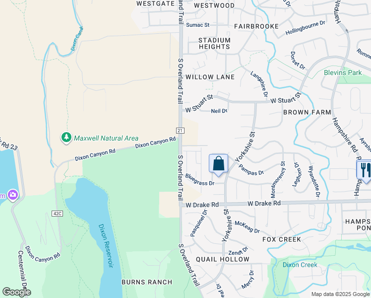 map of restaurants, bars, coffee shops, grocery stores, and more near 2424 South Overland Trail in Fort Collins