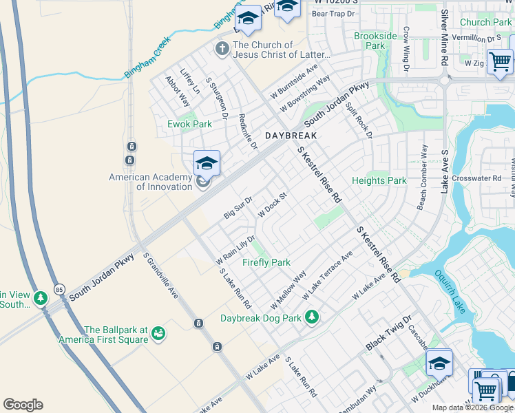 map of restaurants, bars, coffee shops, grocery stores, and more near 10778 South Porcini Drive in South Jordan