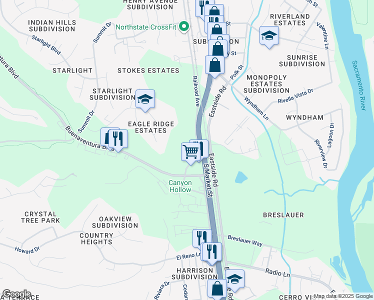 map of restaurants, bars, coffee shops, grocery stores, and more near 4080 Railroad Avenue in Redding