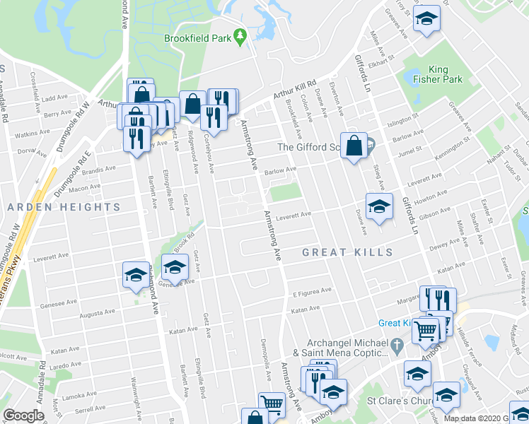 map of restaurants, bars, coffee shops, grocery stores, and more near 462 Leverett Avenue in Staten Island