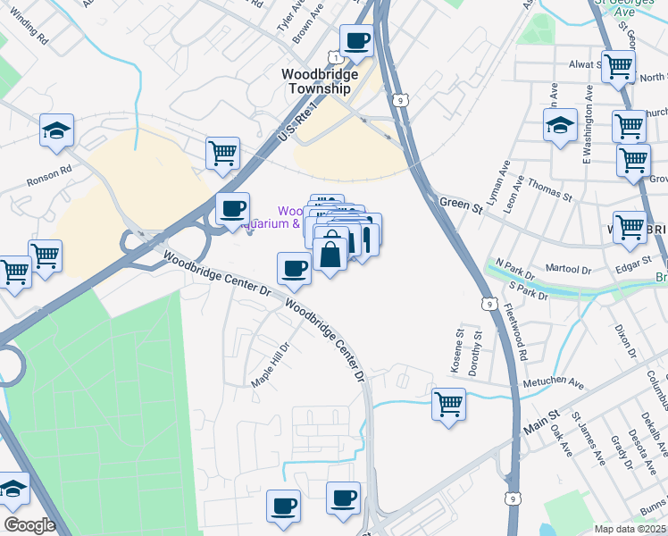 map of restaurants, bars, coffee shops, grocery stores, and more near 250 Woodbridge Center Drive in Woodbridge Township