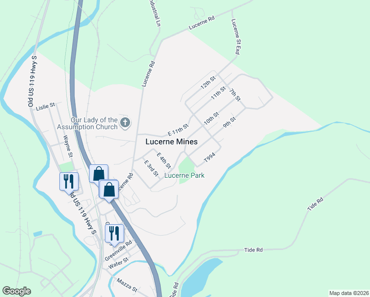 map of restaurants, bars, coffee shops, grocery stores, and more near 41 9th Street in Lucerne Mines