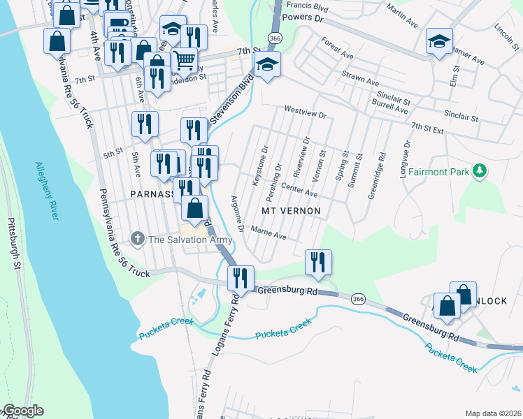 map of restaurants, bars, coffee shops, grocery stores, and more near 306 Keystone Drive in New Kensington