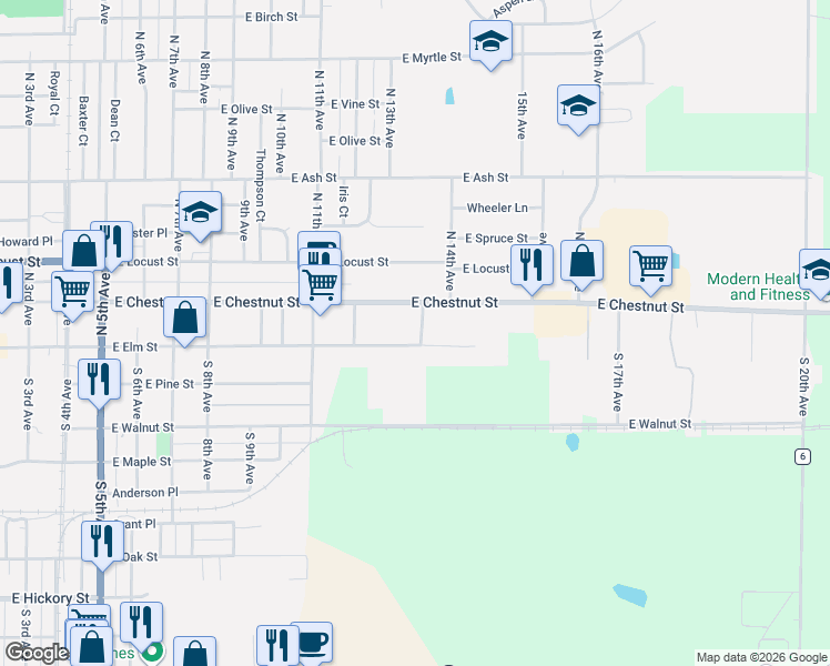 map of restaurants, bars, coffee shops, grocery stores, and more near 1350 East Elm Street in Canton