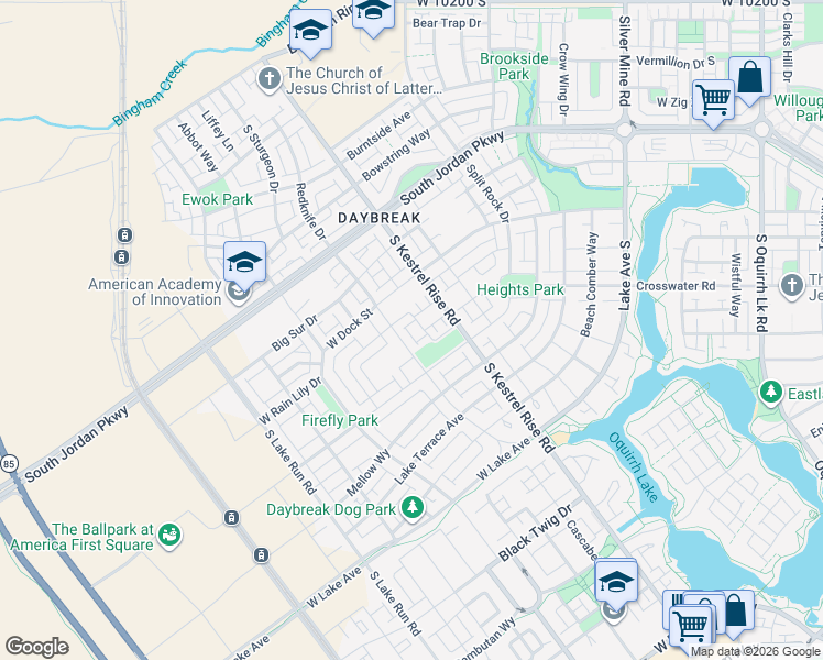map of restaurants, bars, coffee shops, grocery stores, and more near 10726 Oquie Road in South Jordan