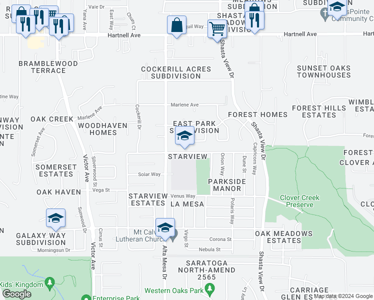map of restaurants, bars, coffee shops, grocery stores, and more near 2308 Saturn Skyway in Redding