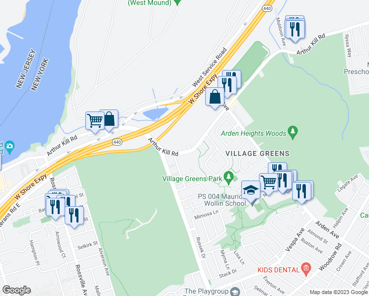 map of restaurants, bars, coffee shops, grocery stores, and more near 1929 Arthur Kill Road in Staten Island