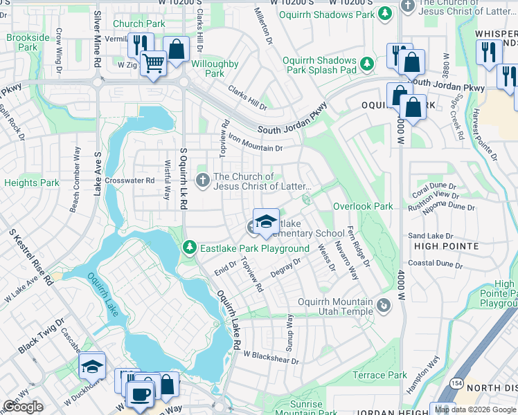 map of restaurants, bars, coffee shops, grocery stores, and more near 10734 Indigo Sky Way in South Jordan
