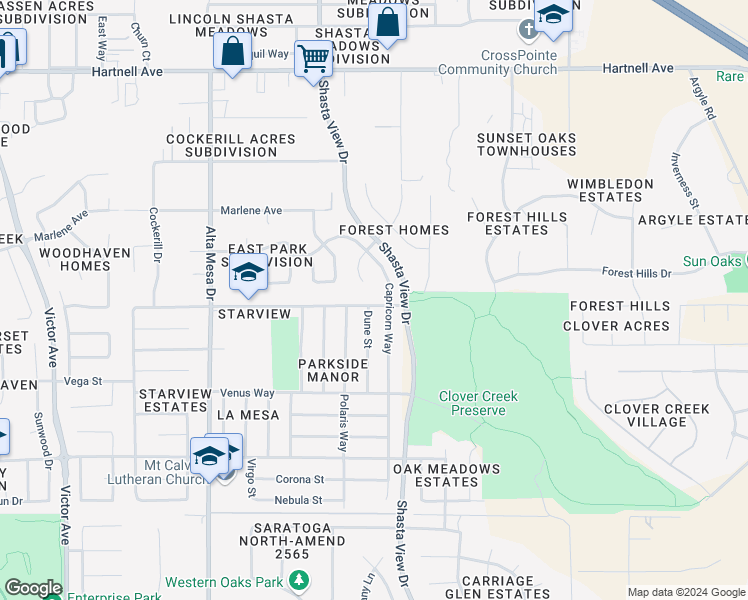 map of restaurants, bars, coffee shops, grocery stores, and more near 2584 Saturn Skyway in Redding