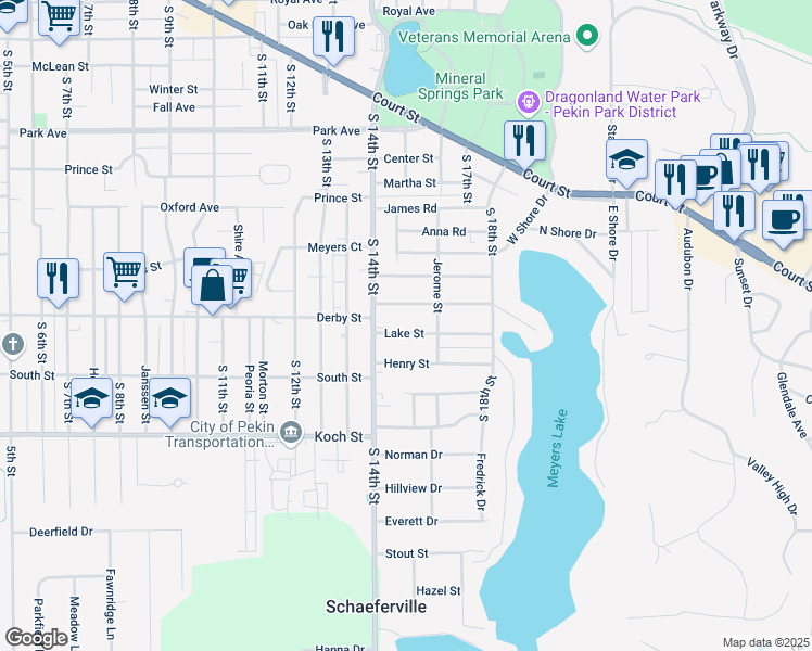 map of restaurants, bars, coffee shops, grocery stores, and more near 1421 Fisher Street in Pekin