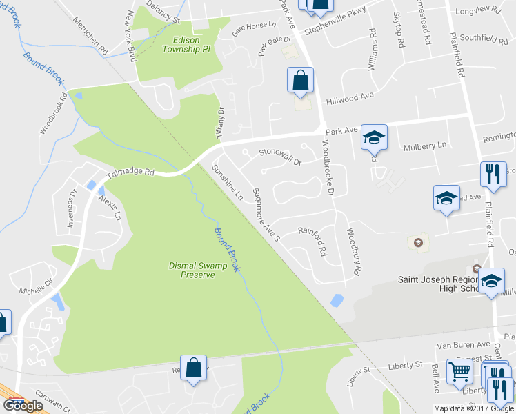 map of restaurants, bars, coffee shops, grocery stores, and more near 52 Sagamore Avenue South in Edison