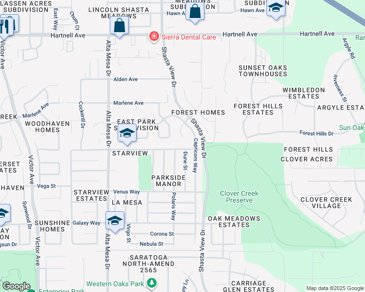 map of restaurants, bars, coffee shops, grocery stores, and more near 2572 Saturn Skyway in Redding