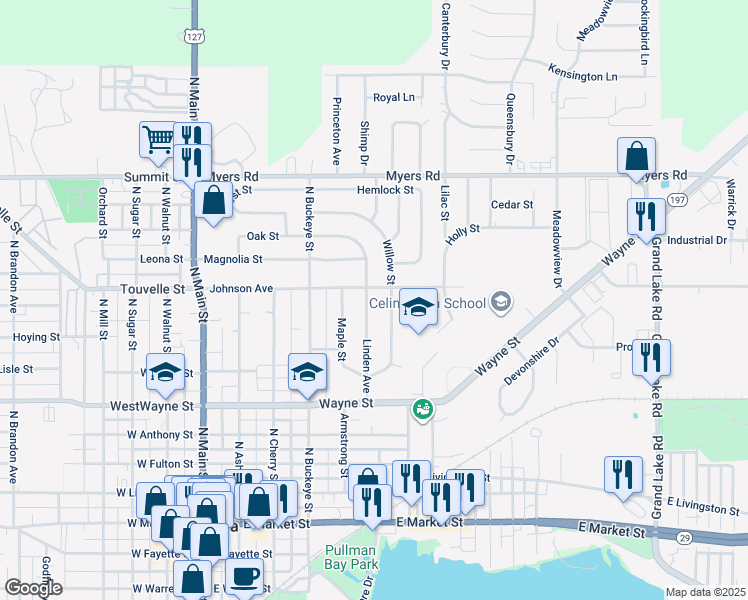 map of restaurants, bars, coffee shops, grocery stores, and more near 650 Linden Avenue in Celina