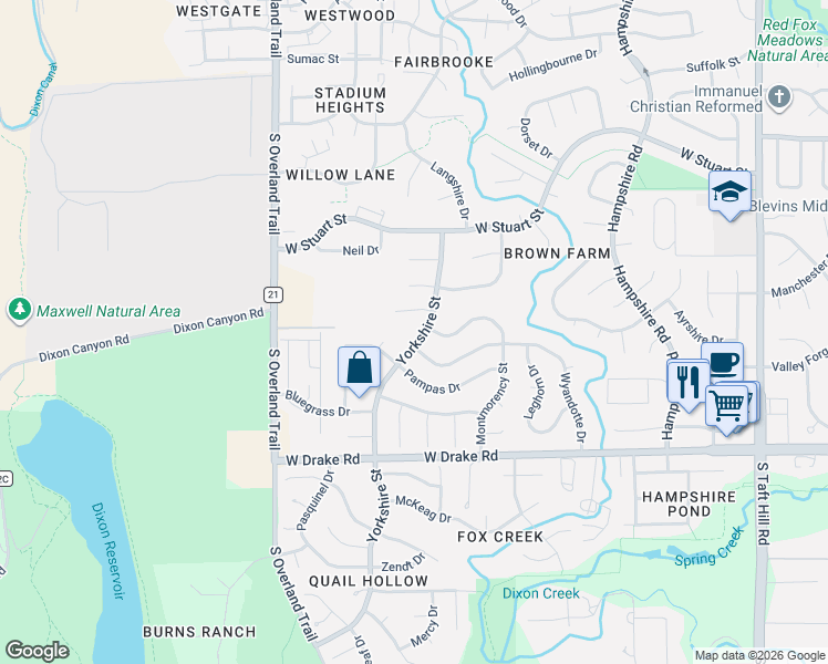 map of restaurants, bars, coffee shops, grocery stores, and more near 2818 Pipestone Drive in Fort Collins