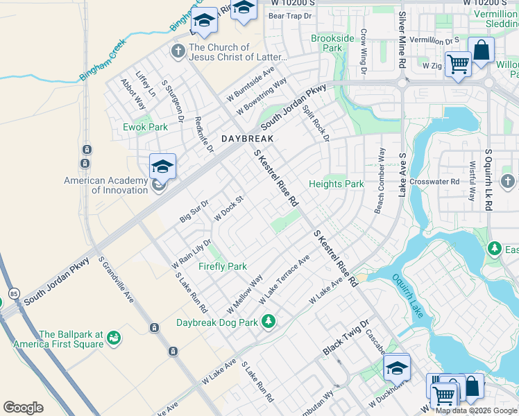 map of restaurants, bars, coffee shops, grocery stores, and more near 5169 West Dock Street in South Jordan