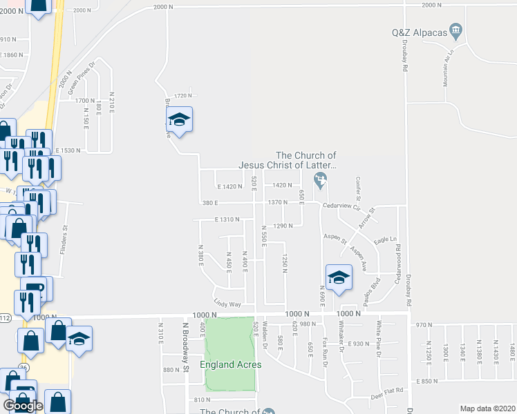 map of restaurants, bars, coffee shops, grocery stores, and more near 492 East 1420 North in Tooele